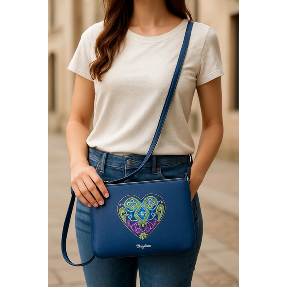 Brighton Handbags - Brighton Black Leather Crossbody Bag Multicolor Heart Art Zip Top Designer Purse